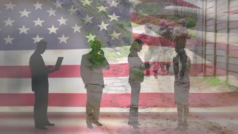 business people with laptops in front of american flag and soldiers animation