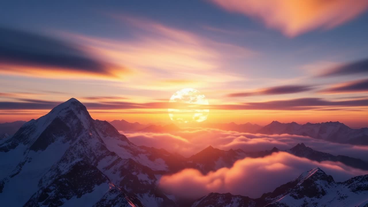 A Stunning Mountain Sunset: Captivating Colors Illuminate the Majestic Peaks and Clouds in a Breathtaking Display of Nature's Beauty