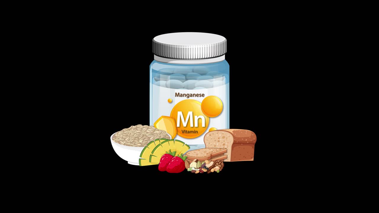 Manganese supplement bottle transitions to include assorted healthy foods on black background, smooth animation