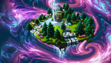 vibrant floating island with dragon and waterfalls in a cosmic swirl