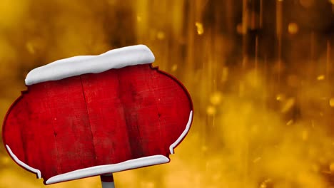 red wooden sign post against yellow particles falling against black background