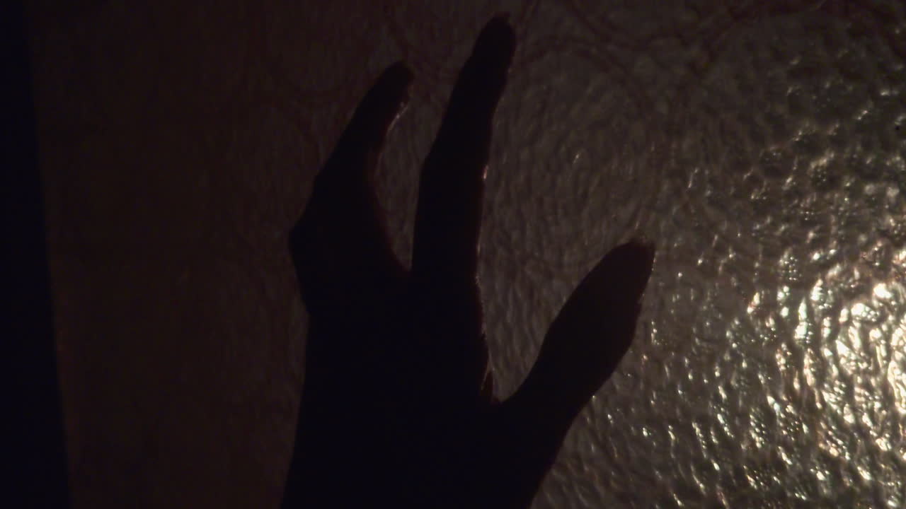 Beautiful handheld shot of a woman's hand sliding across a textured glass window, catching a warm golden glow from the setting sun in a cozy interior in Budapest, Hungary on Feb 3rd, 2026