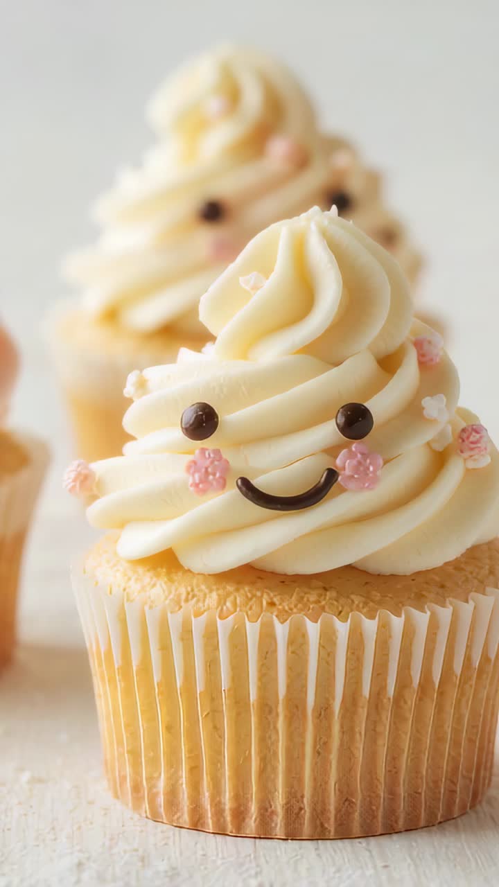Video verticale: allontanamento della telecamera, rivelando un cupcake su un tavolo chiaro, mostrando la glassa e gli occhi di caramella