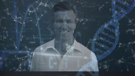 DNA-structure-and-network-of-connections-against-portrait-of-man