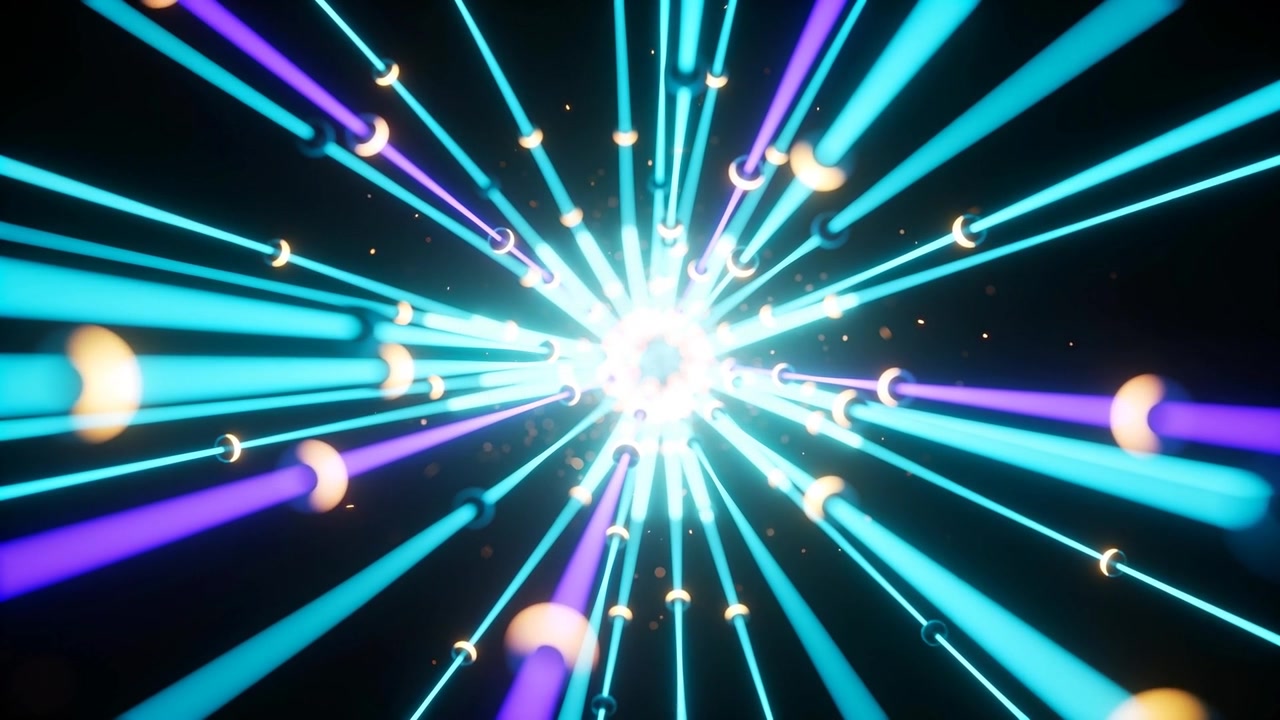 Brightening glowing core pushing cyan-purple rods forward in void, with rings and sparks for depth