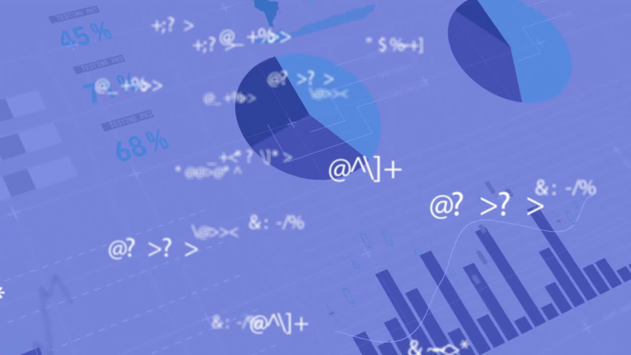 animación del procesamiento de datos sobre gráficos y gráficos sobre fondo azul