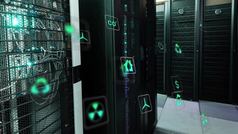 animación de iconos ecológicos y procesamiento de datos a través de servidores informáticos.