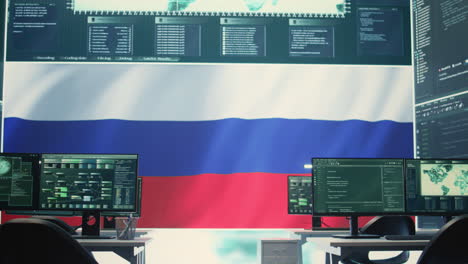 high tech surveillance room featuring russian flag on big screen