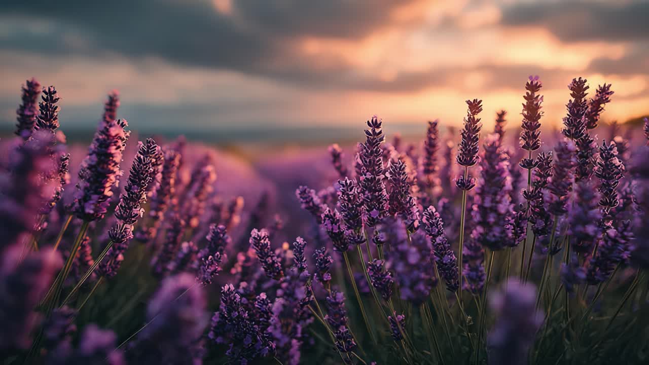 A Breathtaking Lavender Field at Sunset: Nature's Colorful Display of Purple Blooms Against a Dramatic Sky, Capturing the Tranquility of Evening in Stunning Detail