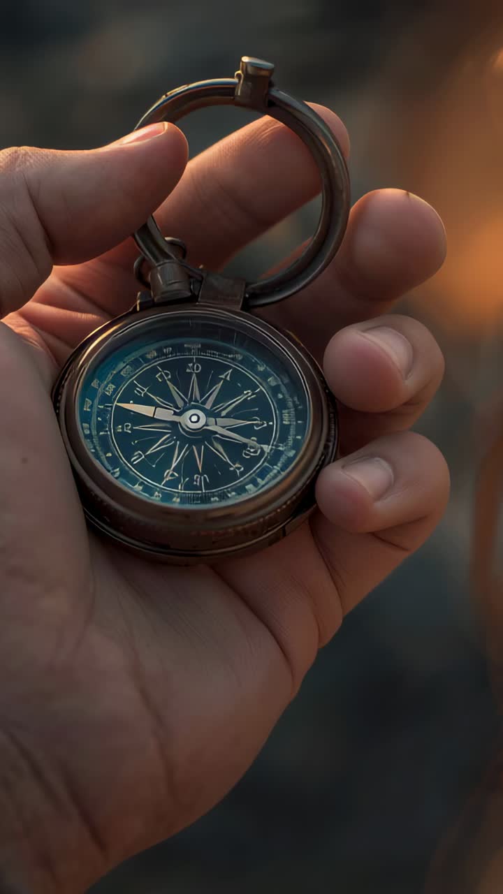Vertical video: Thumb shifting causing hand steadying compass lid and ring on ground, showing face