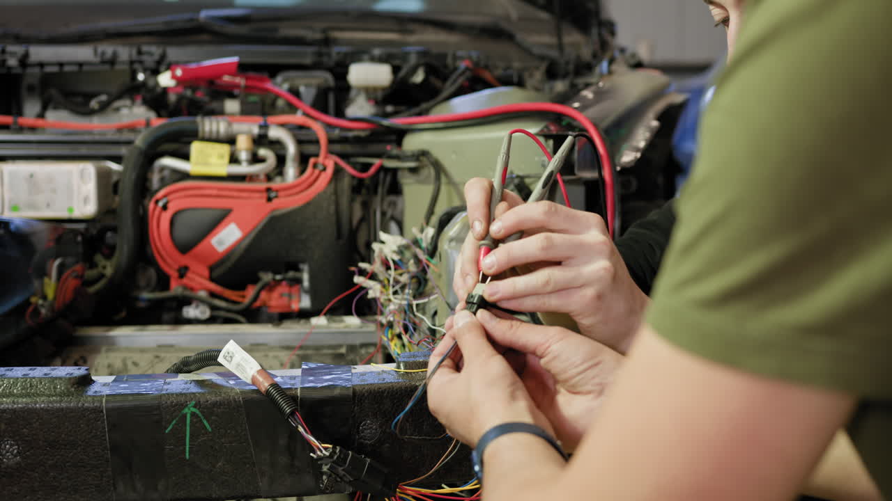 dos técnicos que trabajan en las conexiones eléctricas de un vehículo eléctrico