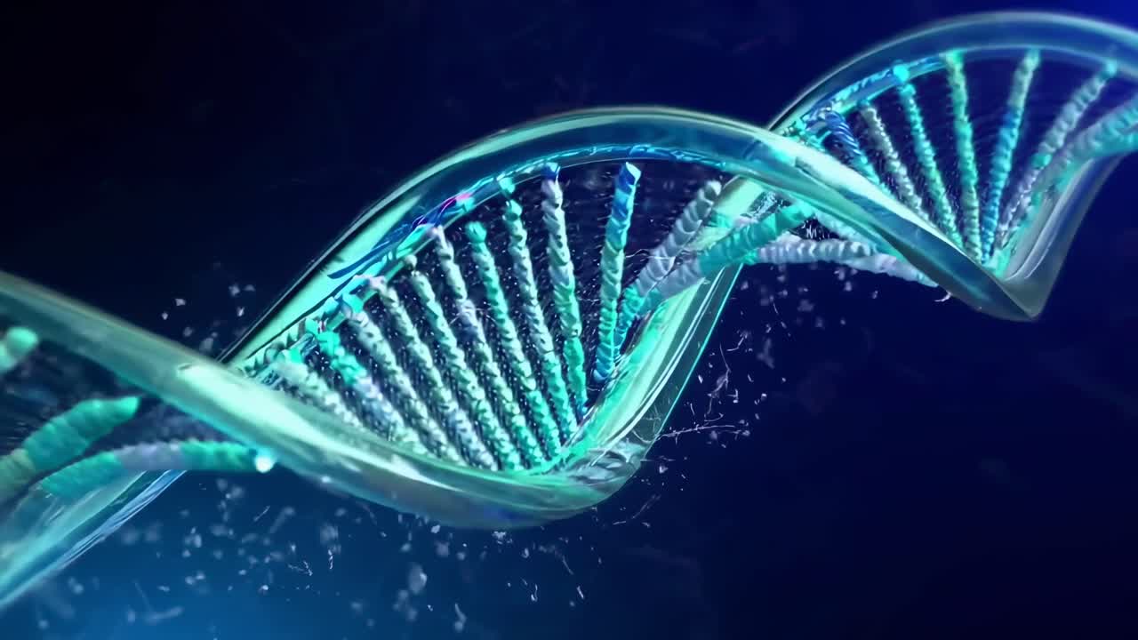 Video ravvicinato di un filamento di DNA luminoso, che mostra uno stile dinamico e futuristico