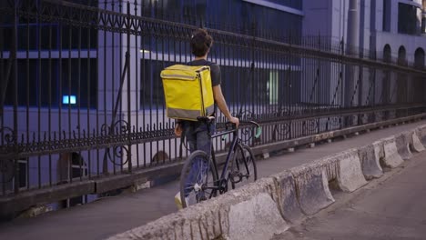 delivery man walking with bike and yellow bag by city bridge, rear view