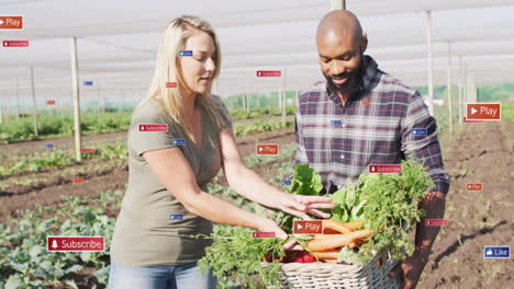 two farmers holding basket in farm field, displaying floating subscribe, like and play icons