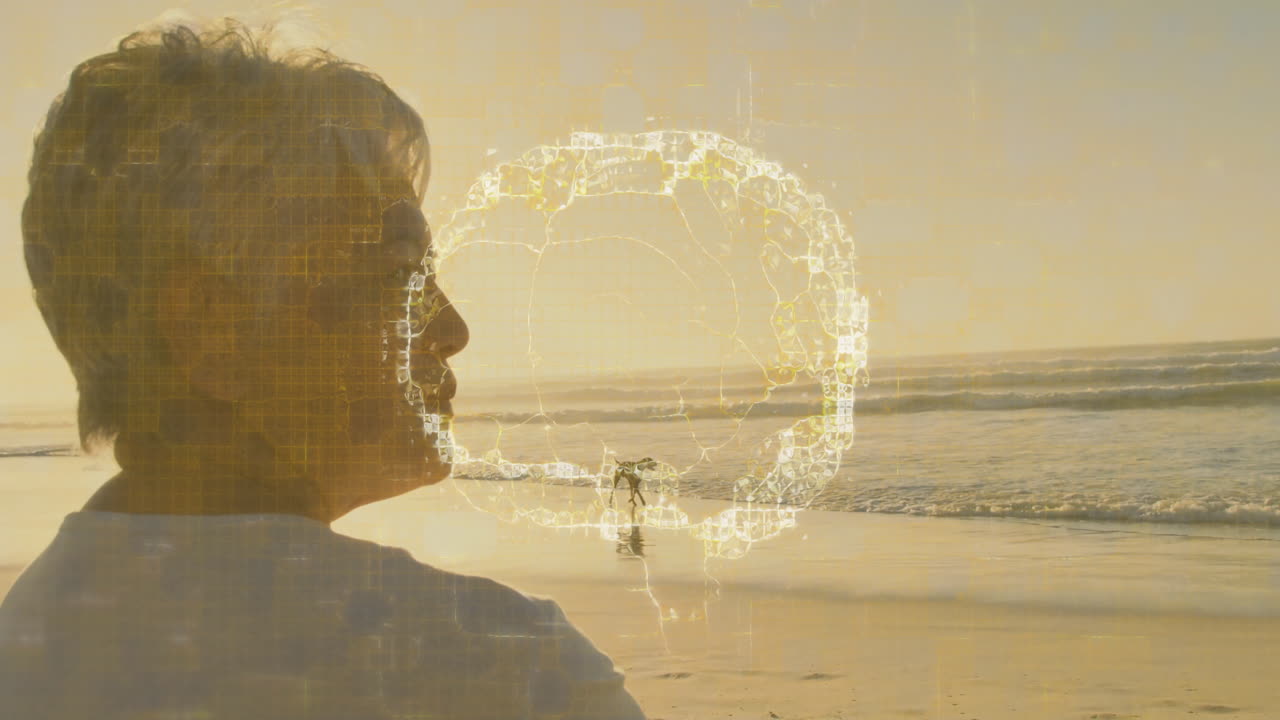 On beach, person with digital brain animation overlaying scene, enjoying technology
