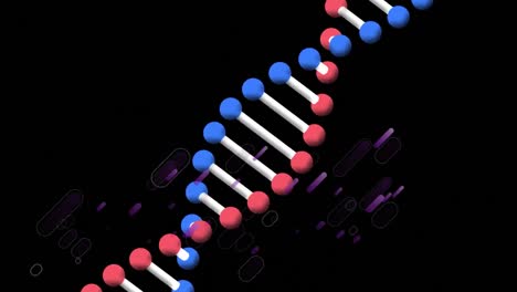 Animation-of-purple-light-trails-over-dna-strand-spinning-on-black-background