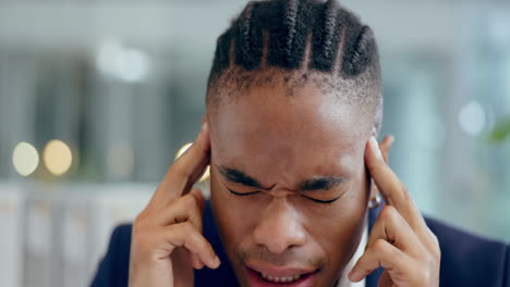 business man, face and pain of headache at laptop