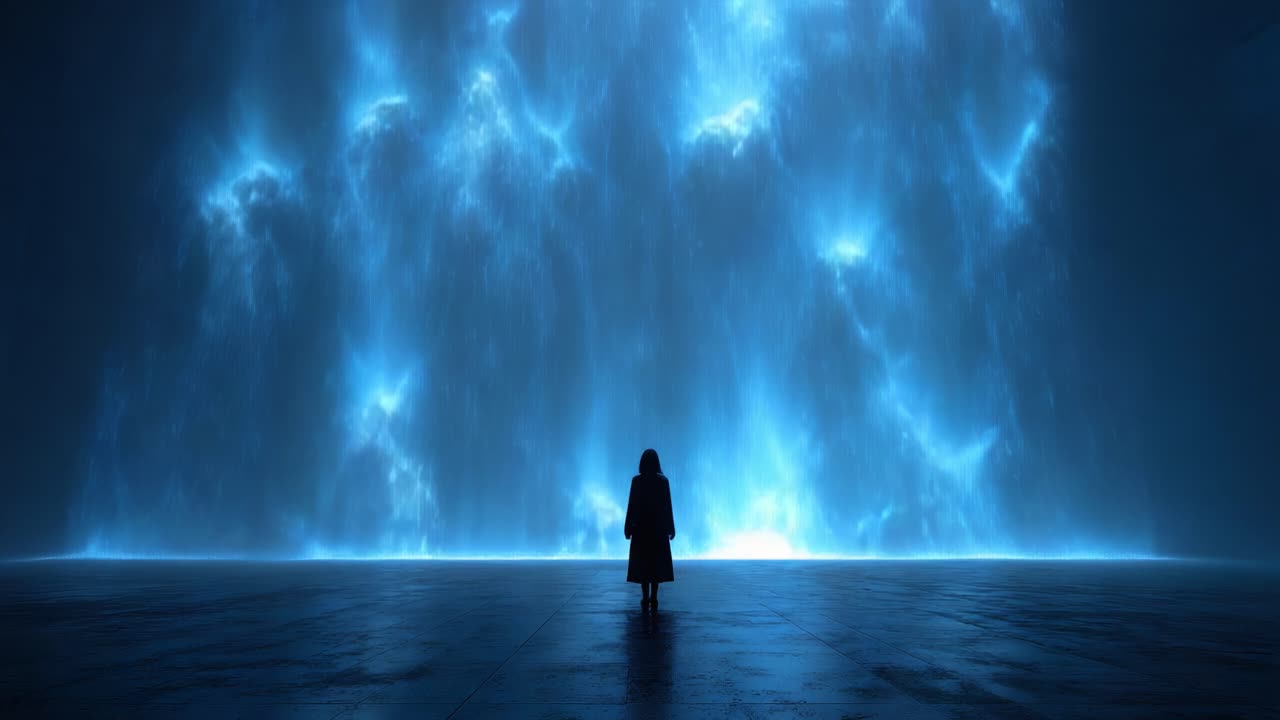 A solitary figure gazes in awe at an enormous, cascading waterfall of luminous blue light, creating an ethereal atmosphere that blurs the line between reality and dreamscape