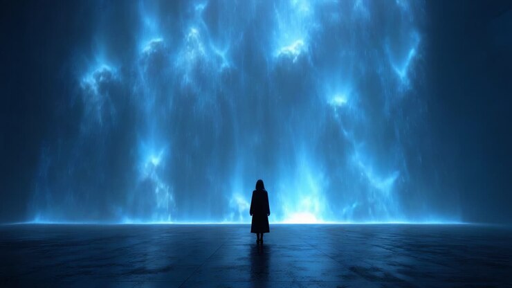 Uma figura solitária observa, maravilhada, uma enorme e intensa cachoeira de luz azul luminosa, criando uma atmosfera etérea que confunde a linha entre a realidade e a paisagem onírica