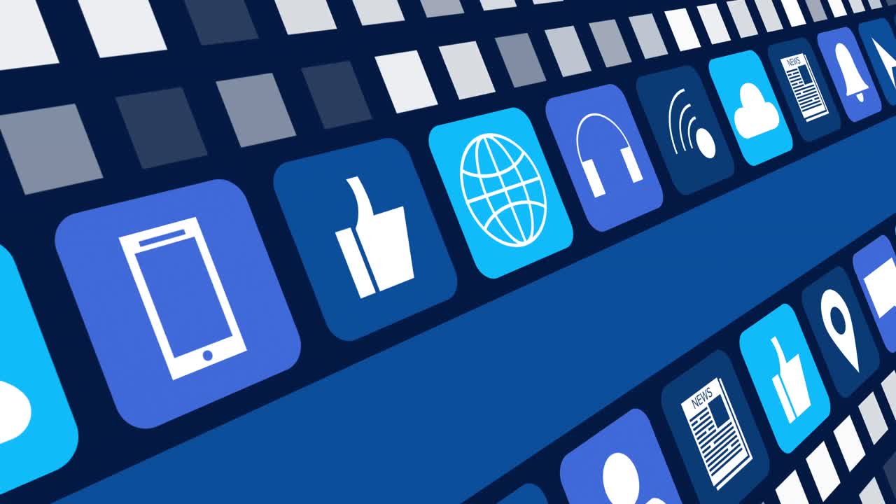 디지털 온라인 아이콘과 어두운 파란색 배경에 움직이는 파란색 줄무 ⁇ 의 애니메이션