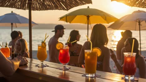 enjoying vibrant summer evenings at the beach bar with colorful cocktails and friends under warm sunset skies