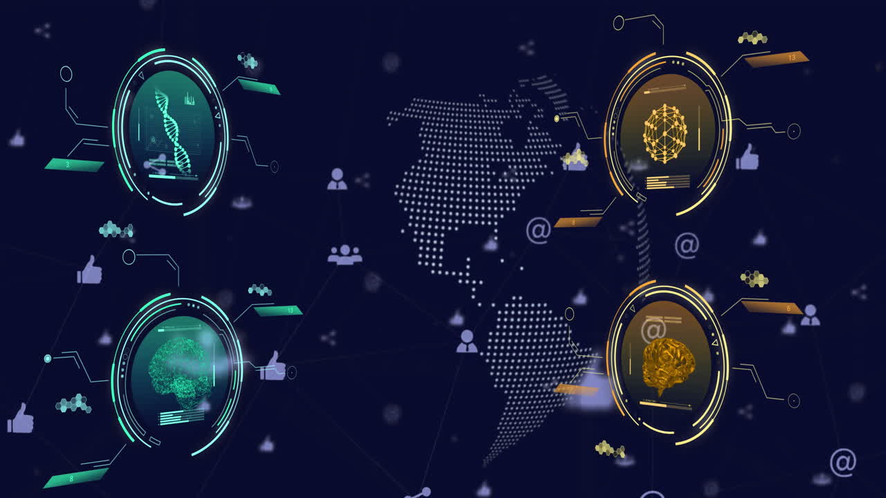 animación del procesamiento de datos con iconos en todo el mundo