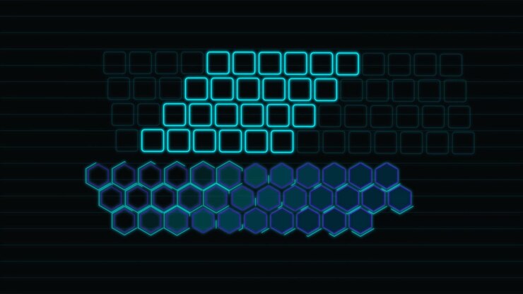 Digital Interface with Glowing Neon Geometric Shapes and Data Patterns