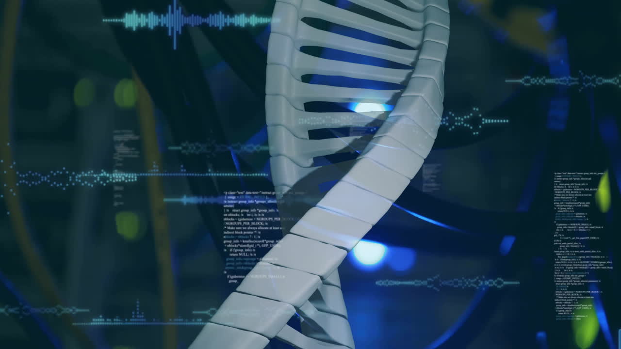 Animation of dna strand over data processing and server room