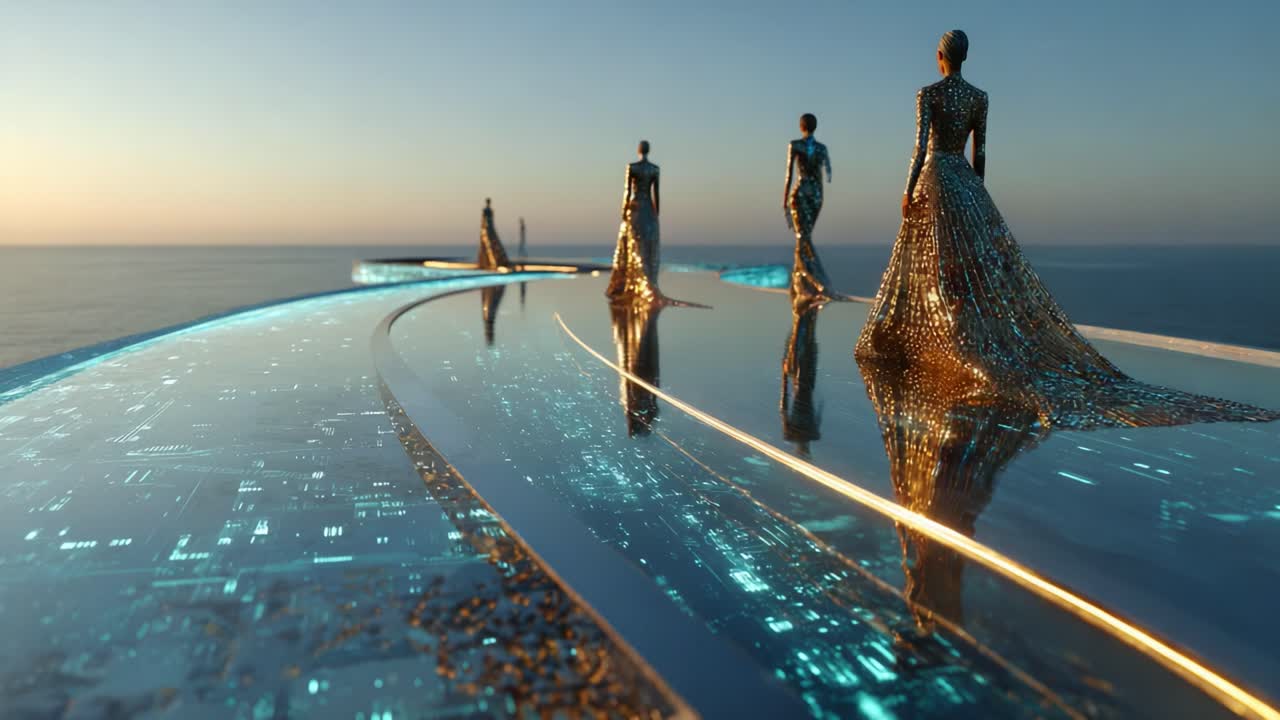 Futuristic Fashion Show on a Surreal Walkway Overlooking the Ocean: A Stunning Scene of Crystal-Clear Reflections, Elegant Models, and a Breathtaking Sunset Horizon