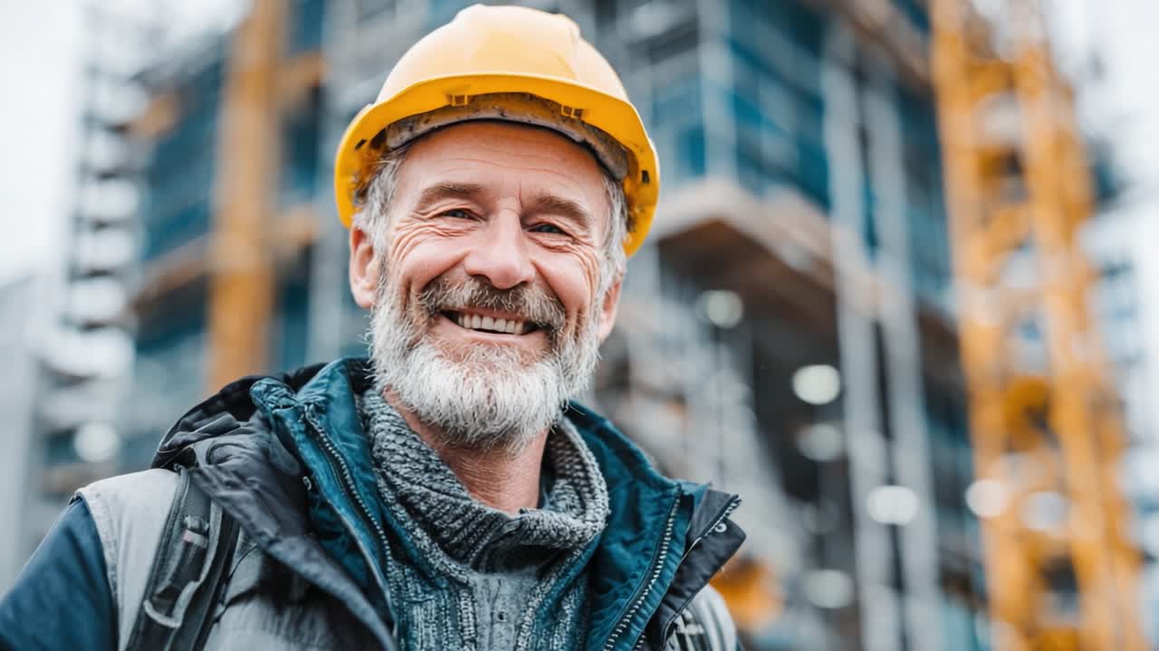 A veteran construction worker, wearing a safety helmet and warm clothing, beams with joy on-site, showcasing the spirit of hard work and dedication in the building industry
