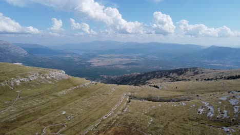 awesome drone shot of a green meadow in the dinara area of croatia, sunny weather