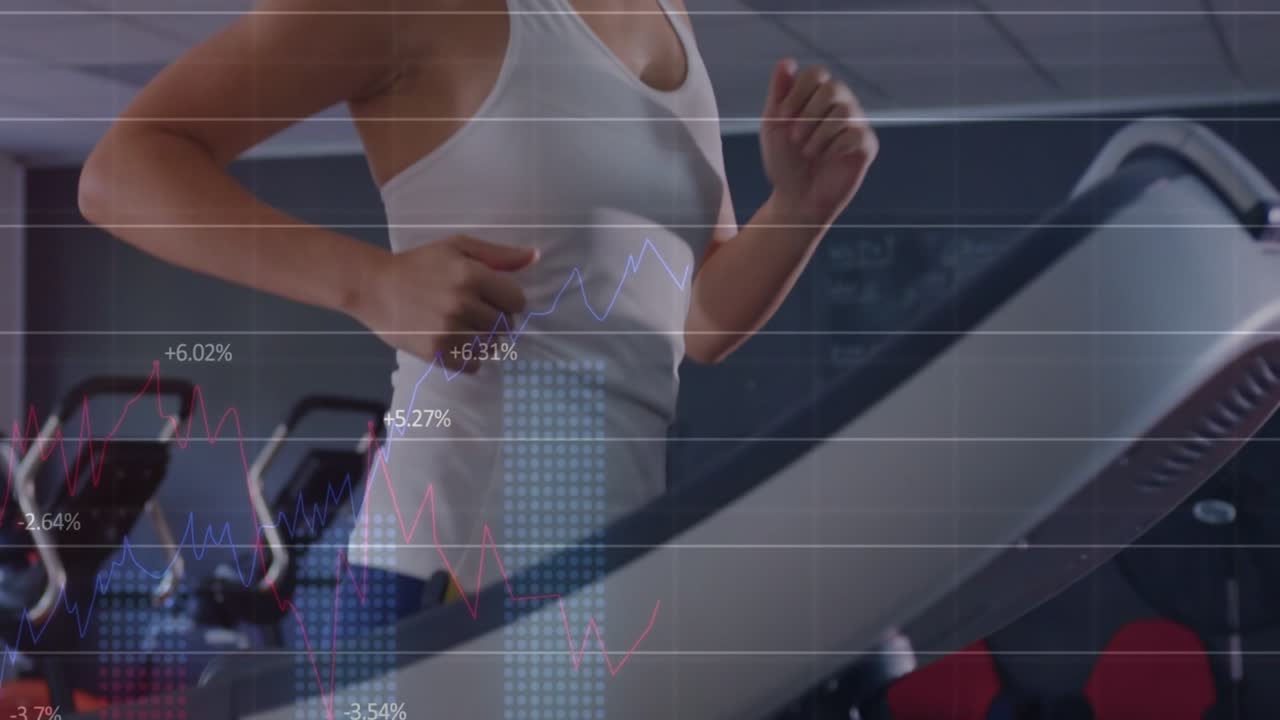 Woman starting run on treadmill in gym, camera revealing legs to face, charts overlaying body data