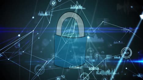 animación digital de la red de conexiones a través del icono de candado de seguridad sobre fondo azul