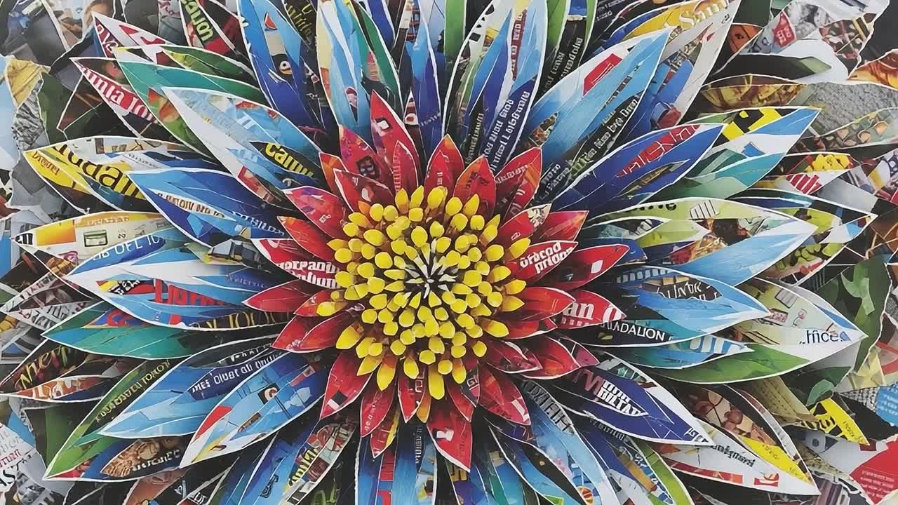 A Vibrant Collage of Colors: An Artistic Flower Sculpture Crafted from Magazines, Showcasing Intricate Petals and Bold Hues of Red, Yellow, and Blue