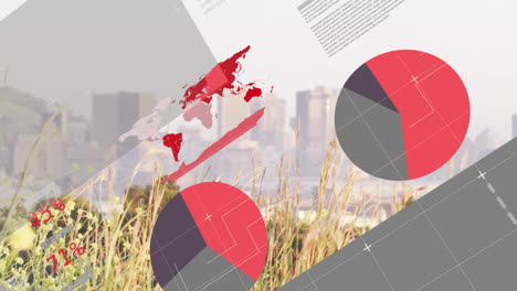 animación de la interfaz infográfica en primer plano de la hierba contra el paisaje urbano moderno