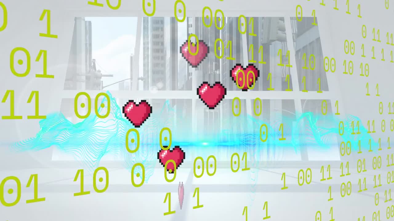 animación del procesamiento de datos y iconos de corazón sobre el paisaje urbano