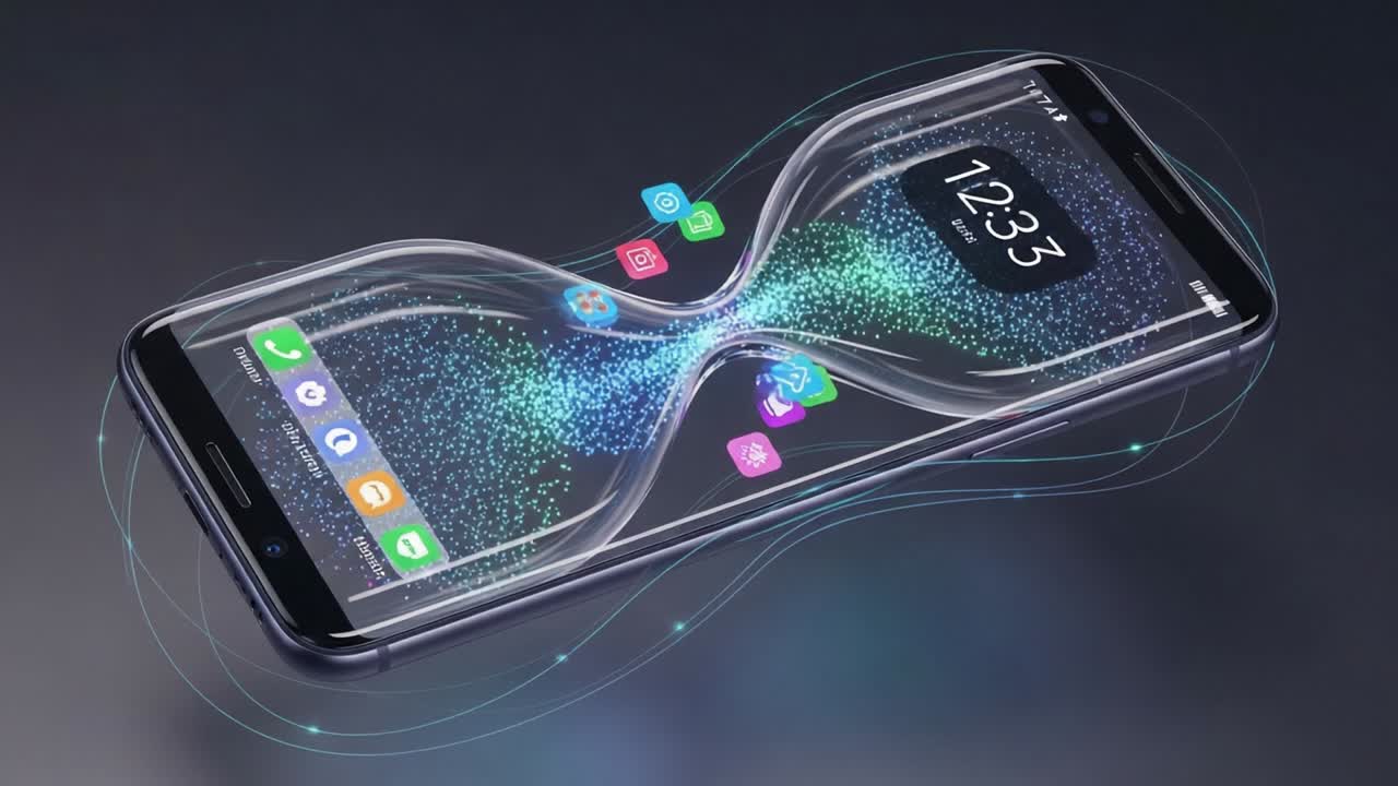 Innovative Smartphone Design Featuring a Unique Hourglass Visual Effect with Dynamic App Icons, Blending Technology and Creativity in a Captivating Display