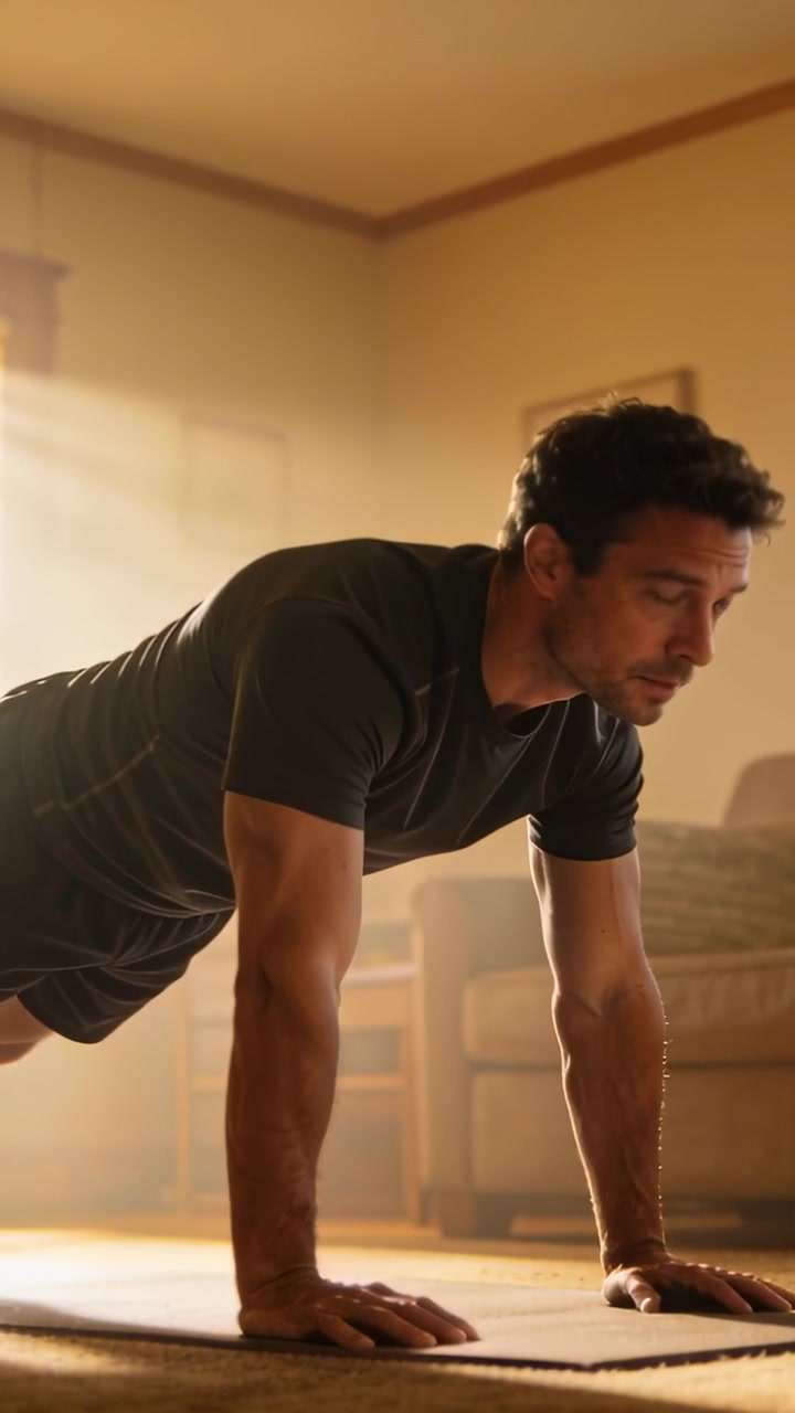 Vertical video: Morning sun nudging man in gymwear lowering, rising on mat for workout at home