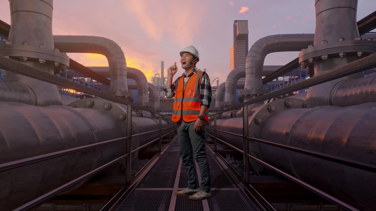 Helkropsbillede fra siden af asiatisk mandlig ingeniør med sikkerhedshjelm, der tænker og ser sig omkring, hvorefter han løfter sin pegefinger, mens han står foran et industrielt rørnetværk ved solnedgang.