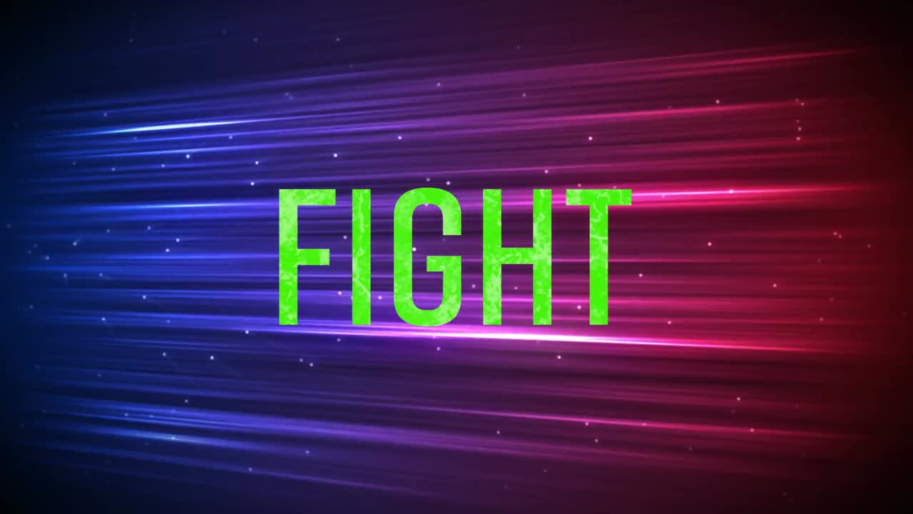 빨간색에서 보라색 빛 트레일 위에 초록색 글자로 싸움 텍스트의 애니메이션