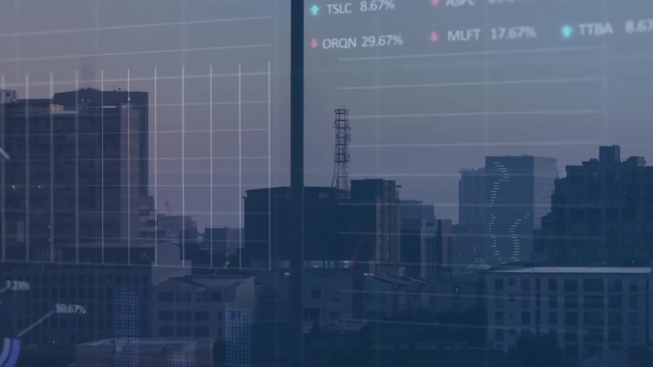 animación de gráficos y tablero de negociación sobre vista aérea de la ciudad moderna contra el cielo