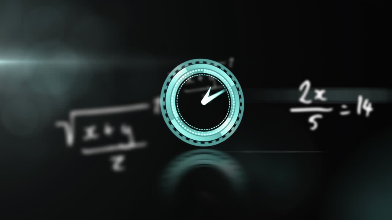 Animation of clock moving fast with data processing on black background