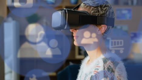 vr 헤드 ⁇ 을 착용한 백인 여성 위의 디지털 아이콘의 애니메이션