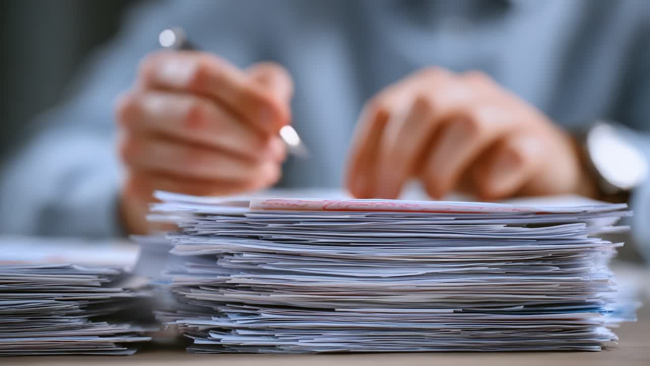 A focused individual diligently working through a large stack of paperwork, highlighting the importance of organization and productivity in a fast-paced environment