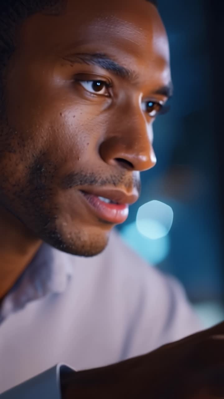 A focused individual engages with a device in a dimly lit environment, highlighting concentration and technology's impact on modern communication