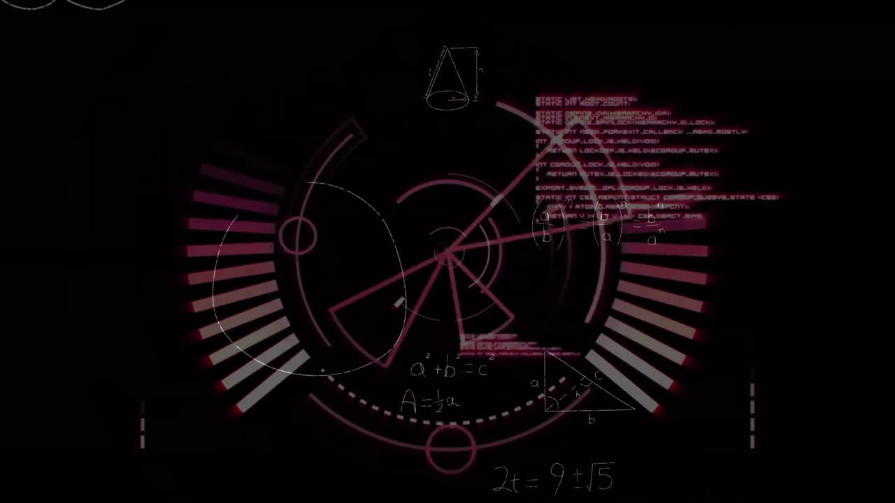 로딩 서클의 애니메이션과 수학적 방정식과 다이어그램을 가진 컴퓨터 언어