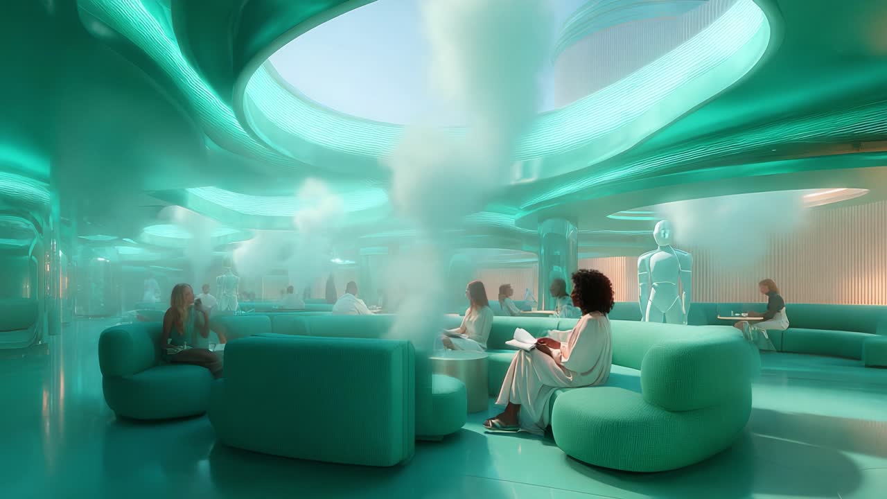 A serene and futuristic lounge space featuring a soothing turquoise color palette, where individuals find tranquility as they engage in peaceful activities amidst a dreamy atmosphere