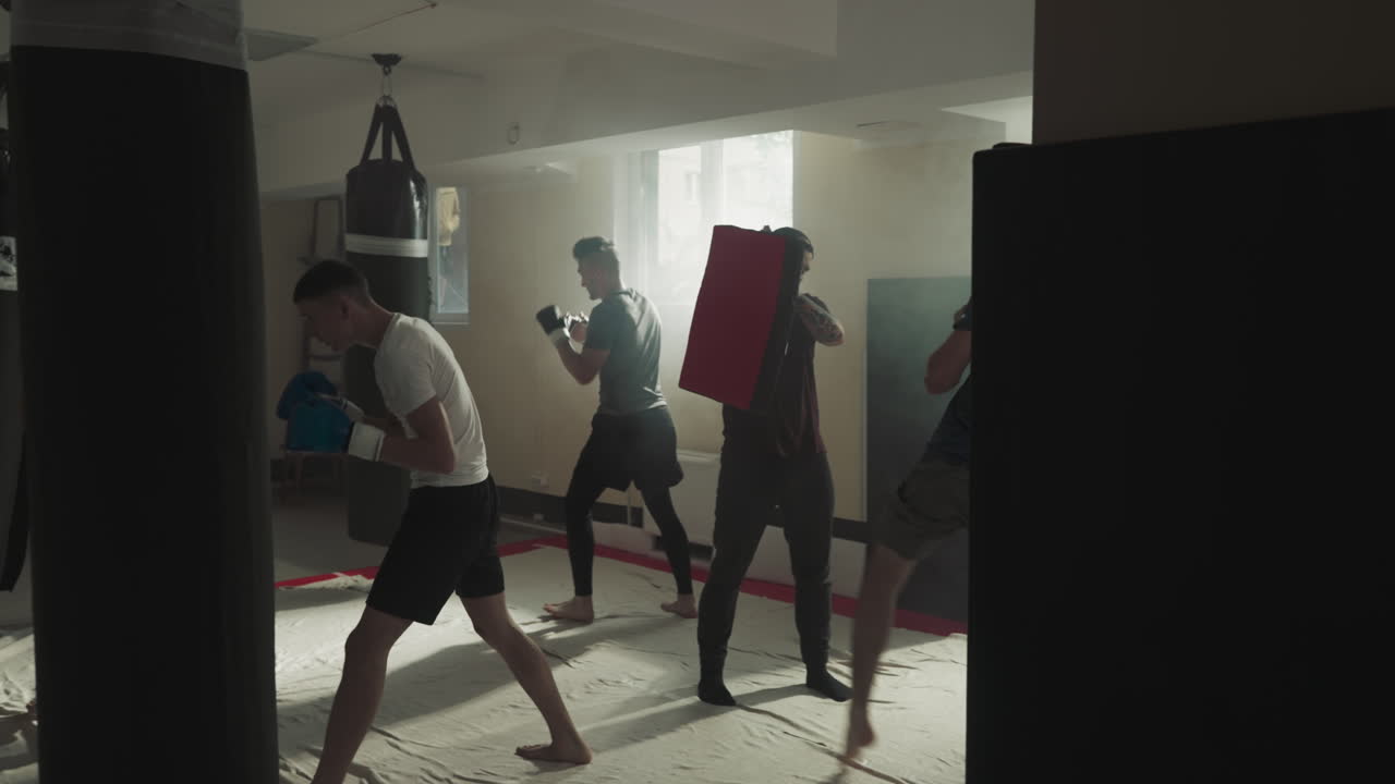 Taekwondo fighters train with sportive equipment in gym. Professional sportsmen team punches and kicks exercising in club slow motion. Athletes workout
