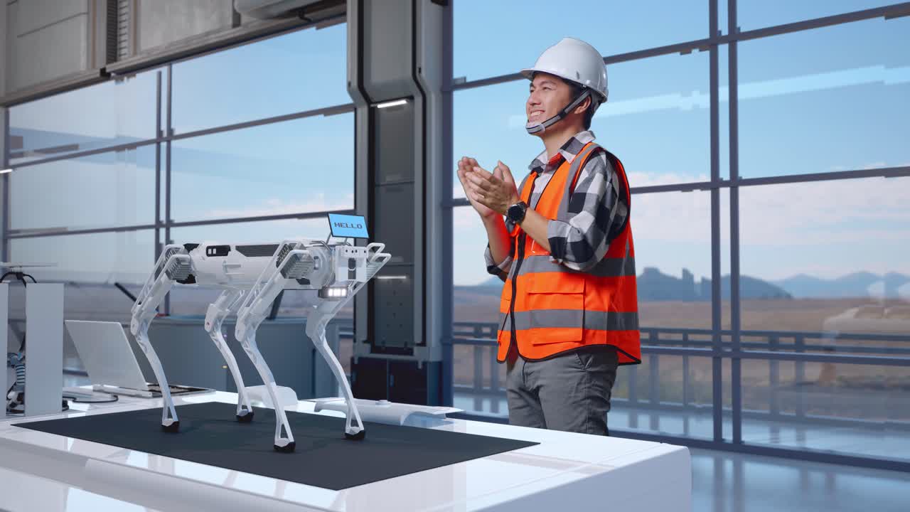ingeniero celebrando la innovación del perro robot