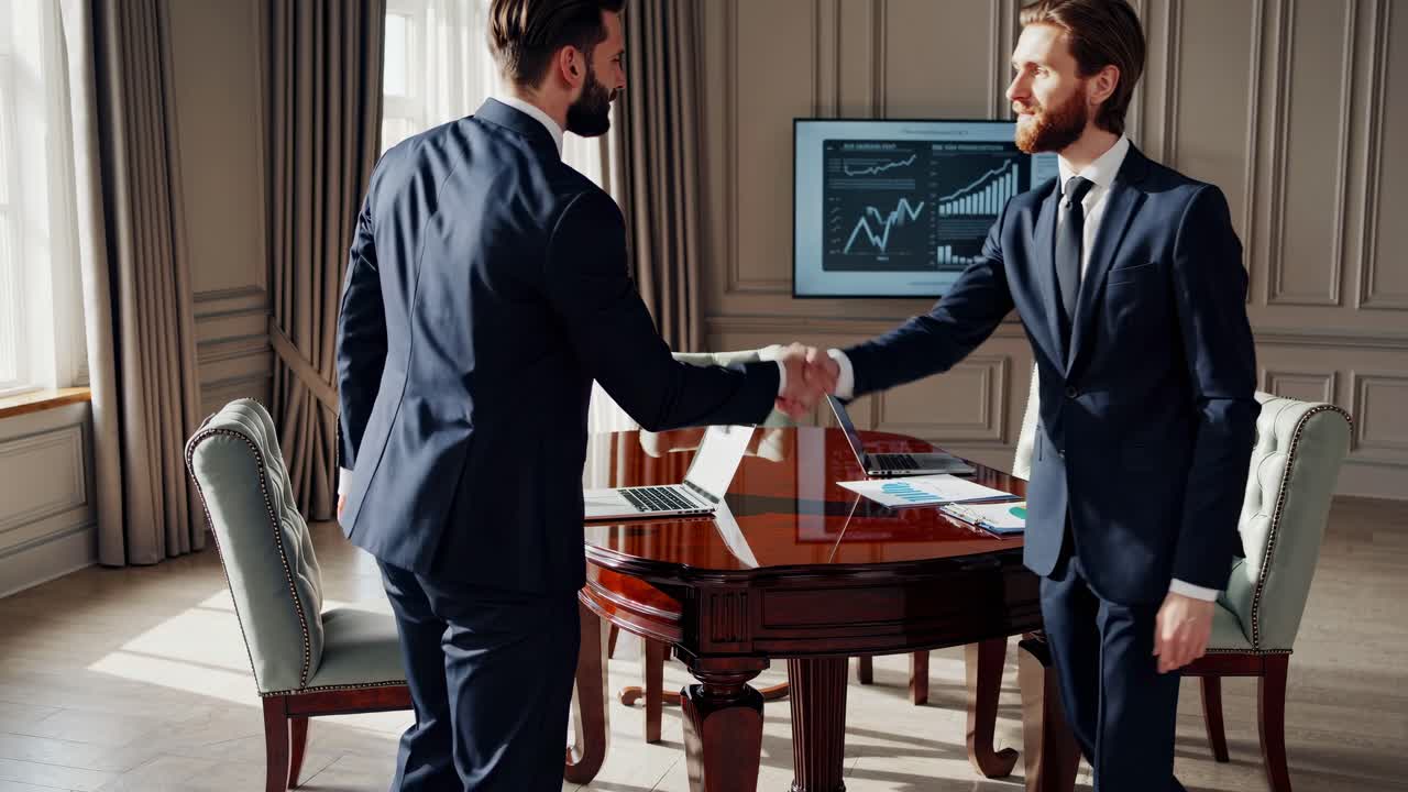 Two businessmen in suits discuss data at a round table in a bright office